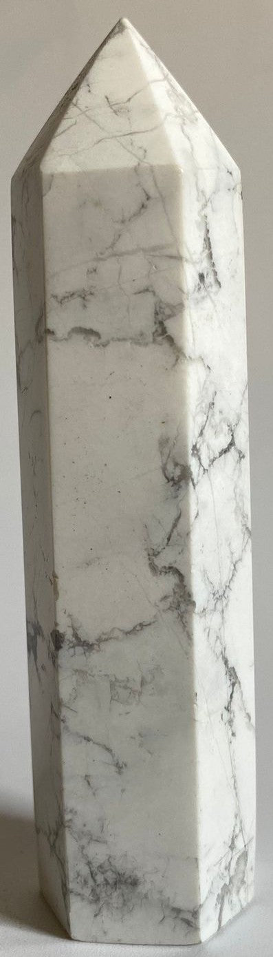 Obelisc decorativ de 9.7cm din cristal de howlit cu fundal alb