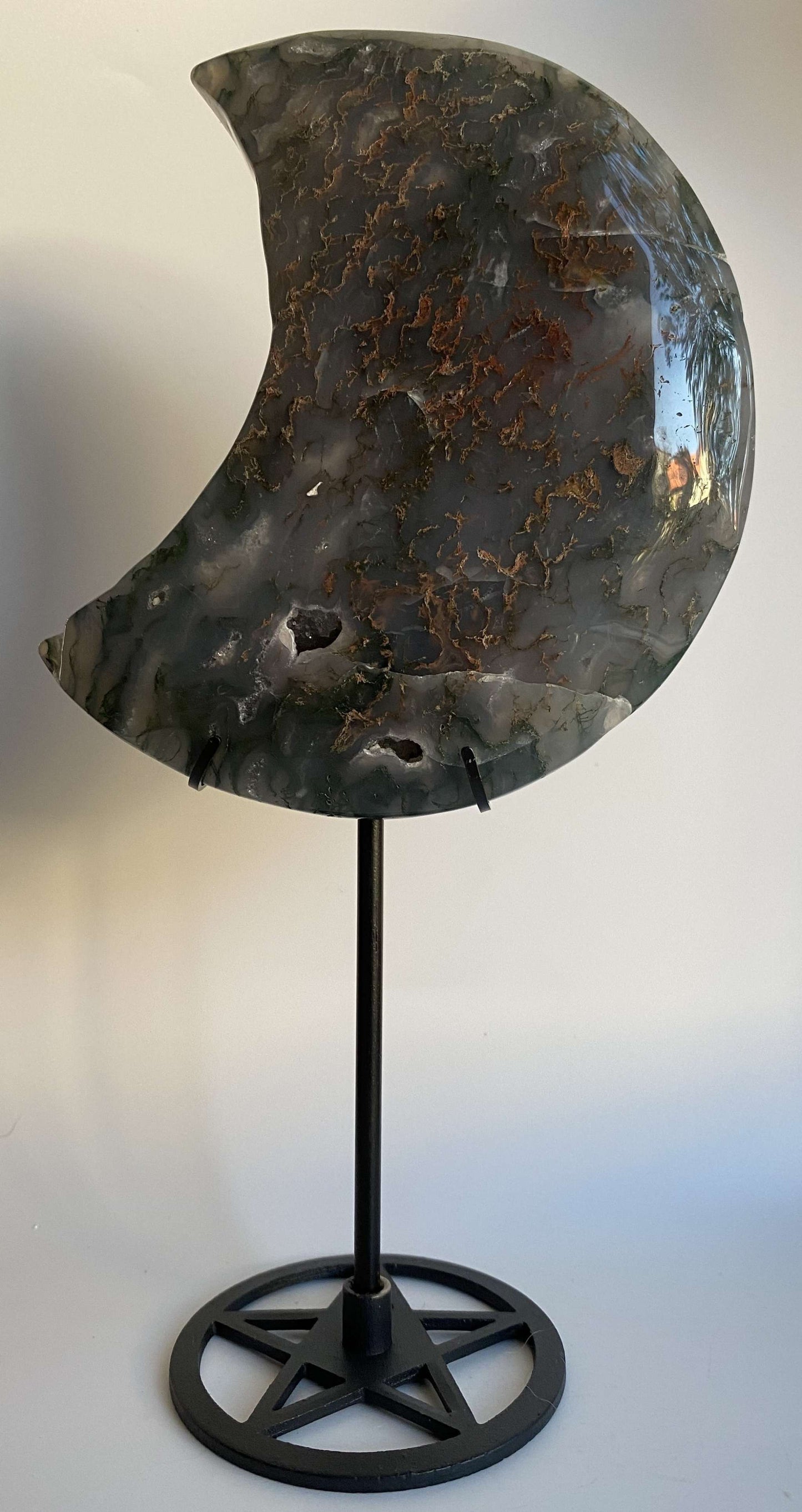 Agat Muschi semiprețioasă lună pe suport metalic negru cu design stea