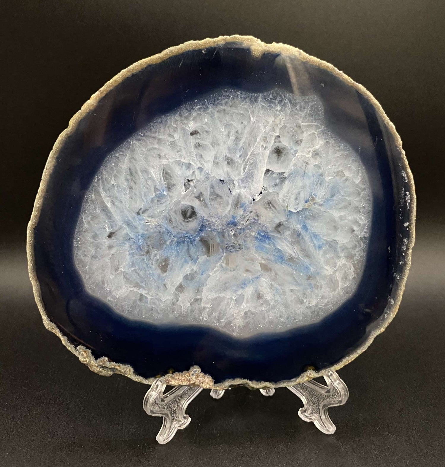 Felie geoda Agat Albastru cu suport plastic, piatra semipretioasa alba si albastra