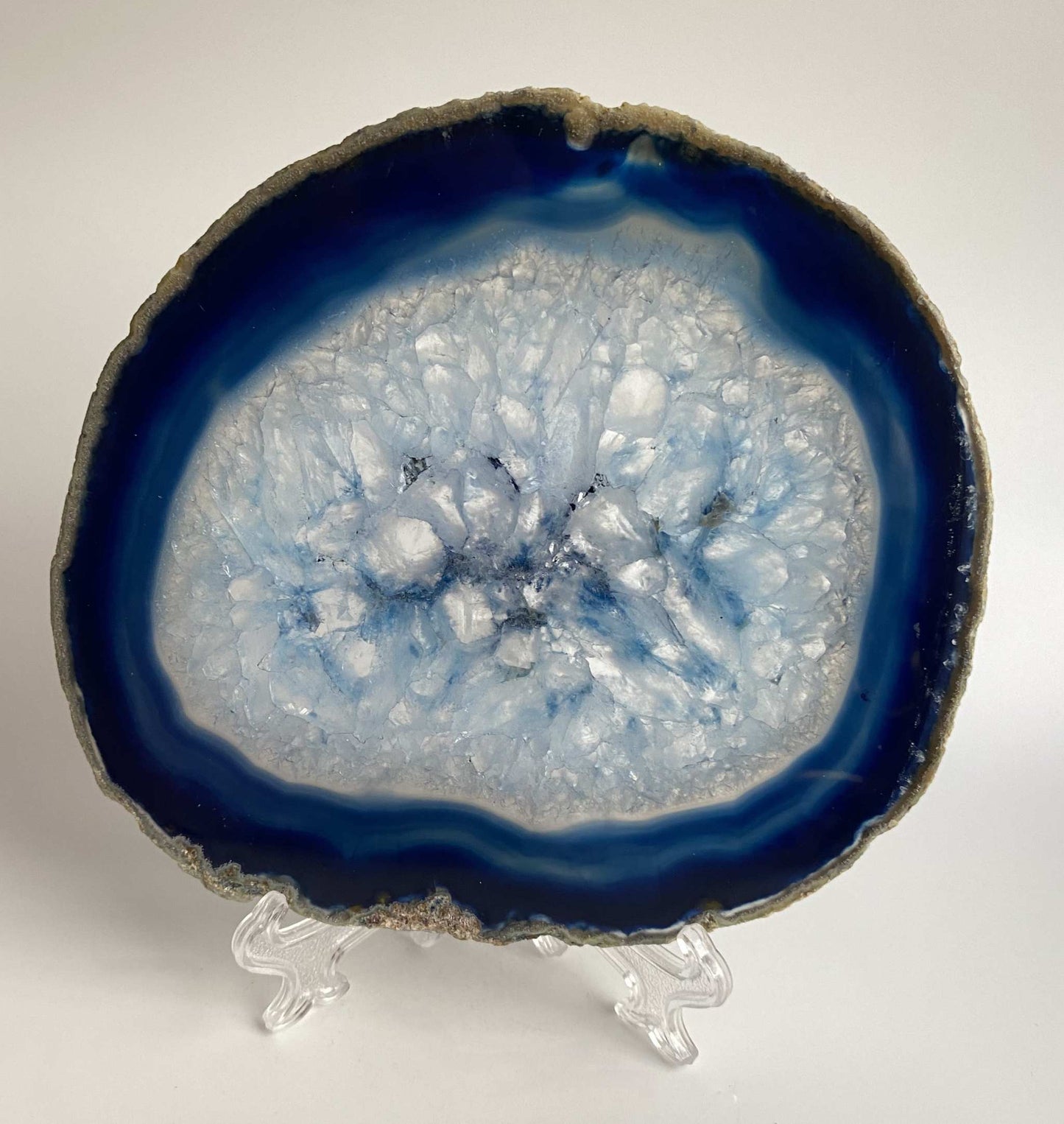 Blue agate geode slice on a clear plastic stand
