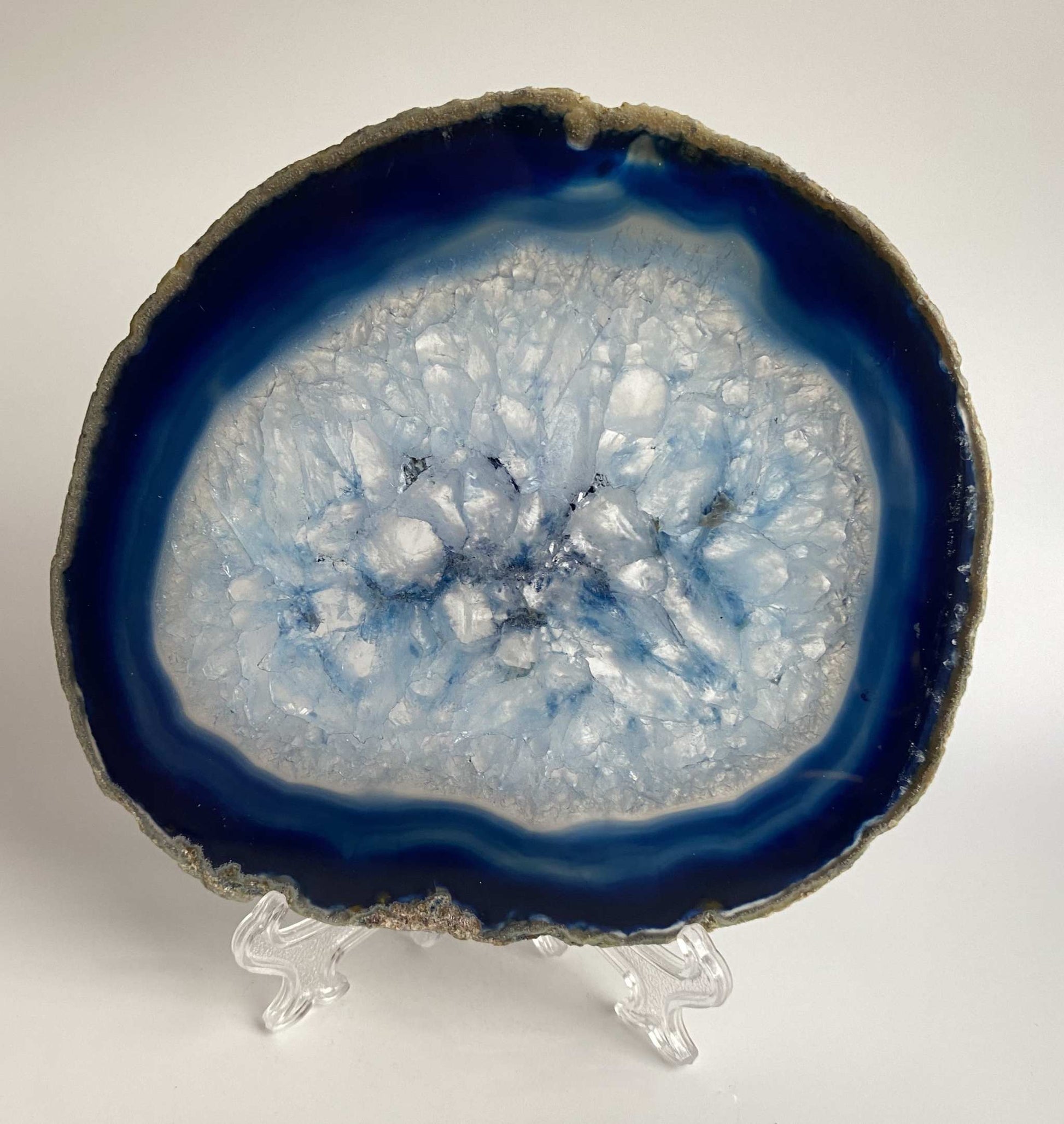 Blue agate geode slice on a clear plastic stand