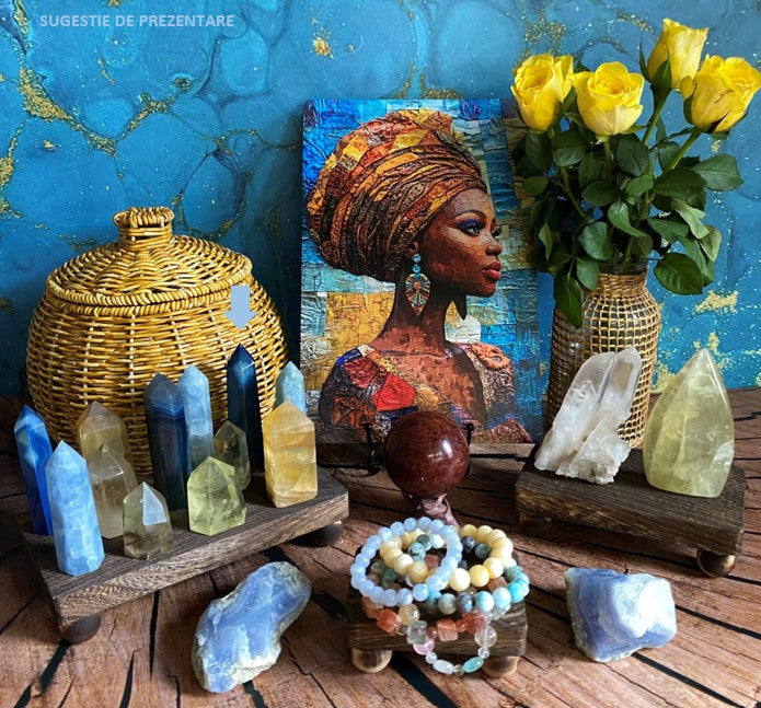 Aranjament de cristale si minerale din agat, citrin, cuart si fluorit, cu tablou cu fata africana si vaza cu trandafiri galbeni