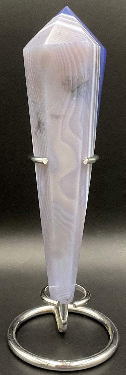 Sceptru din Agat Albastru de 14.6 cm cu suport metalic, piatră semiprețioasă naturală