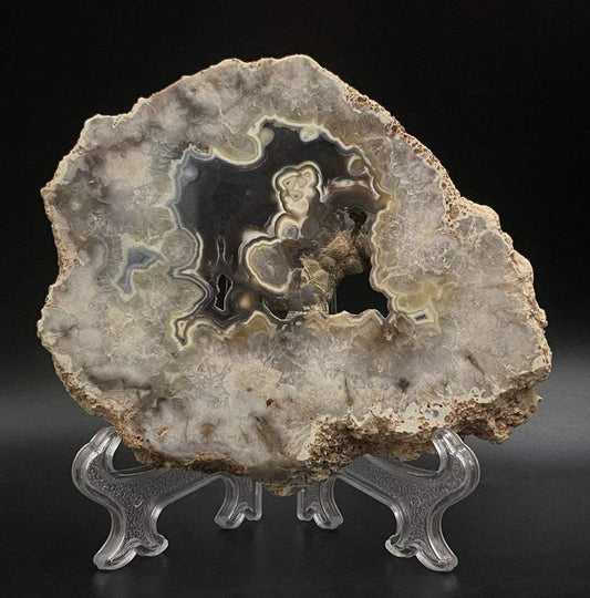 Felie de geoda din Agat Natural cu suport plastic inclus, piatră semiprețioasă naturală de 9.5 cm.