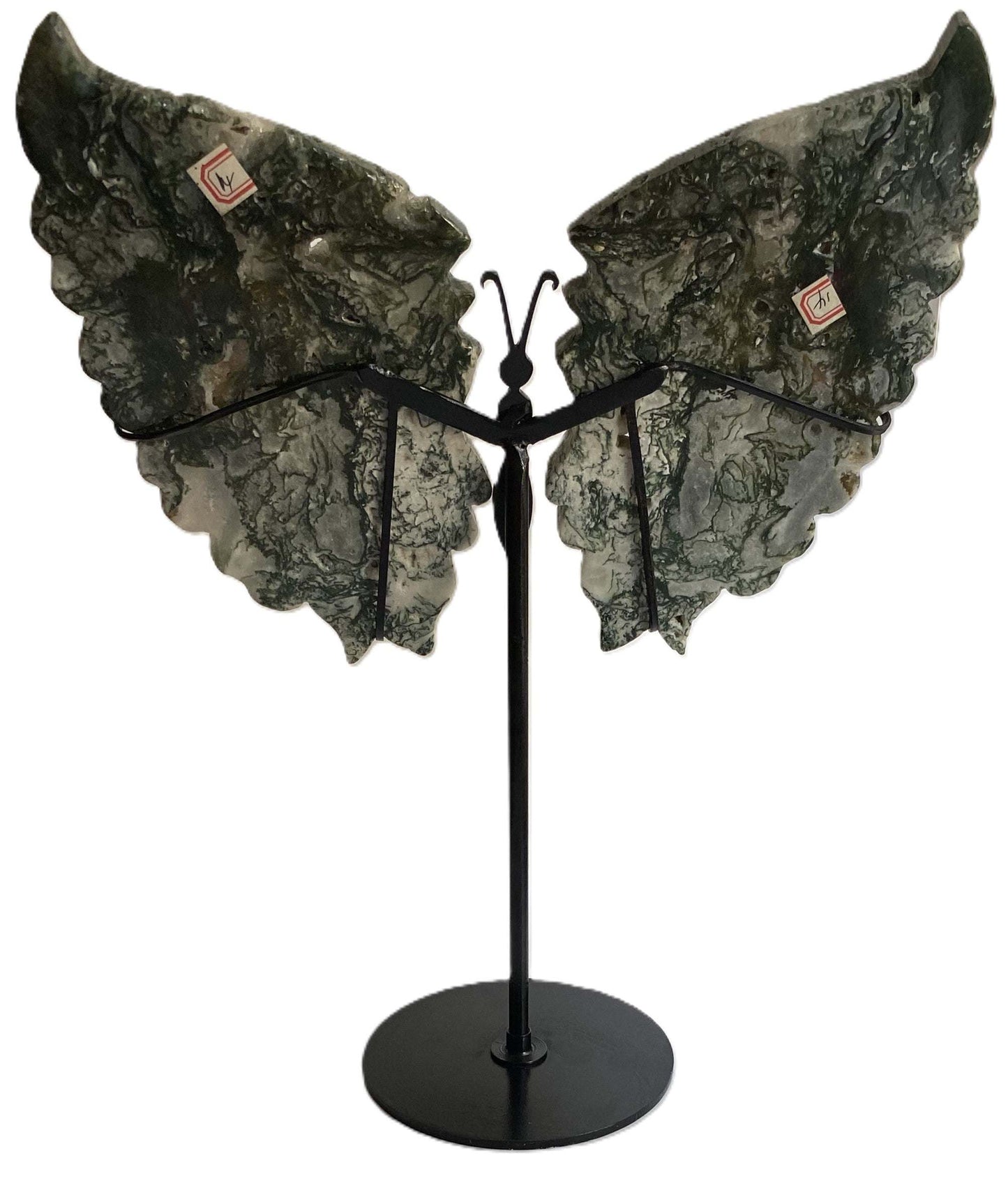 Fluture decorativ din Agat Muschi pe suport metalic negru, 26x33 cm, piatra semipretioasa