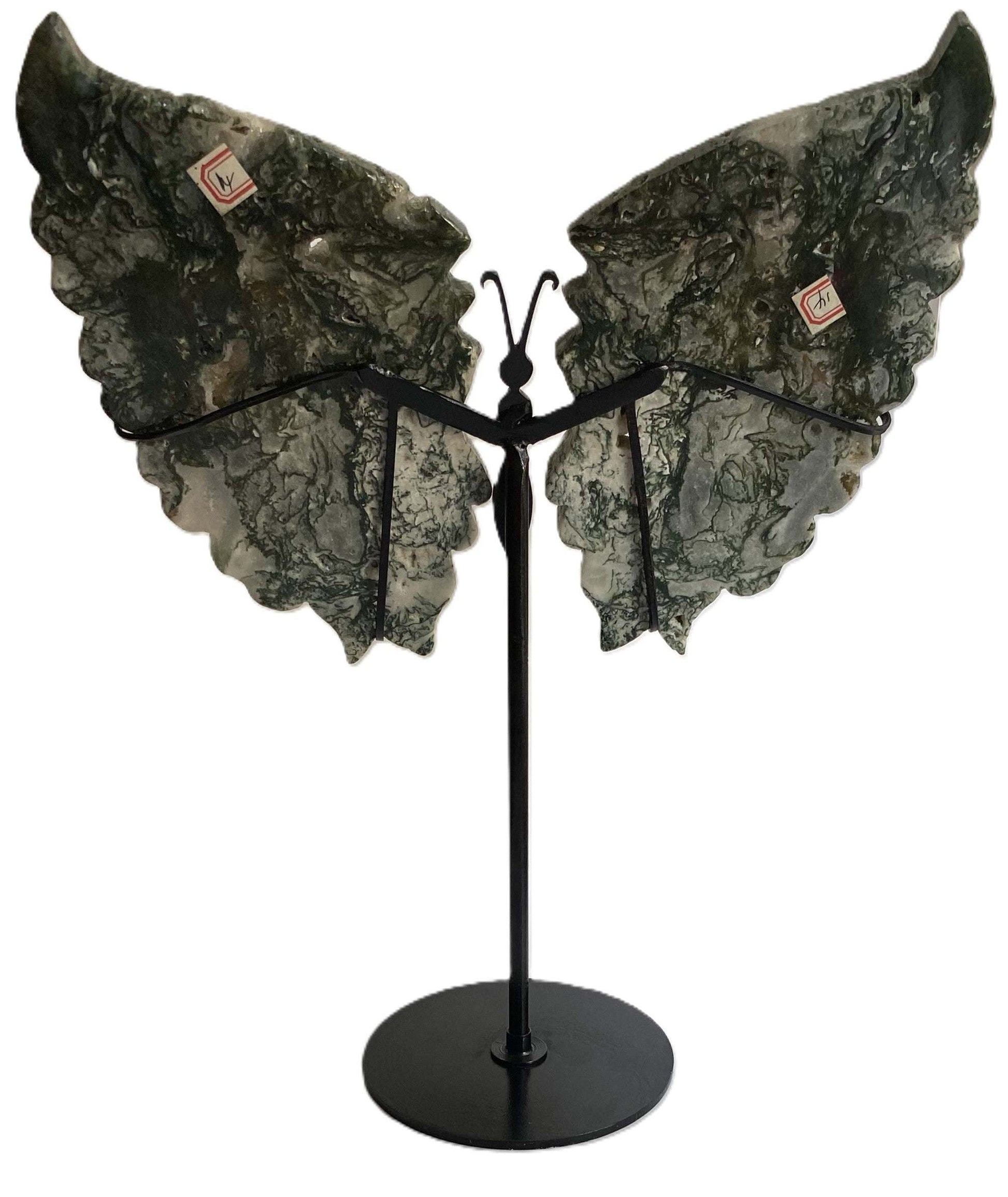 Fluture decorativ din Agat Muschi pe suport metalic negru, 26x33 cm, piatra semipretioasa
