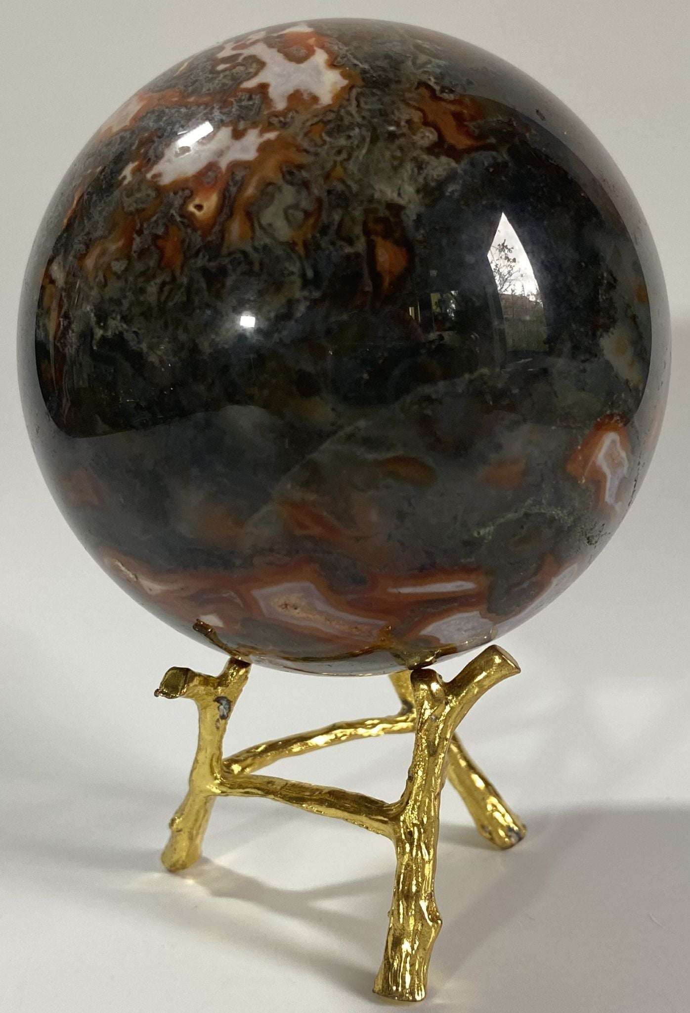 Sfera de Agat Muschi Rosu 7.9cm pe suport metalic, piatra semipretioasa naturala