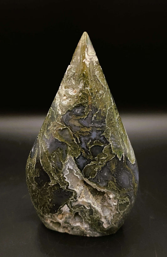 Moss Agate sculpted stone with unique natural patterns and polished finish