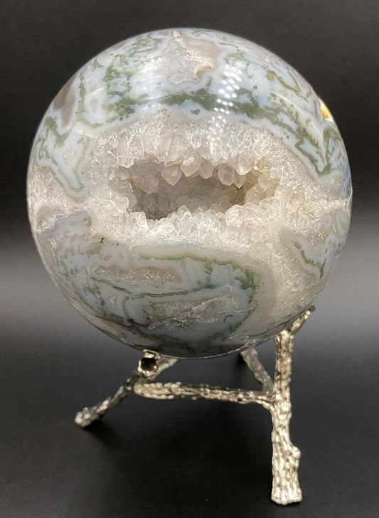 Sfera din Agat Muschi de 8.6cm pe suport metalic, decoratiune piatra semipretioasa