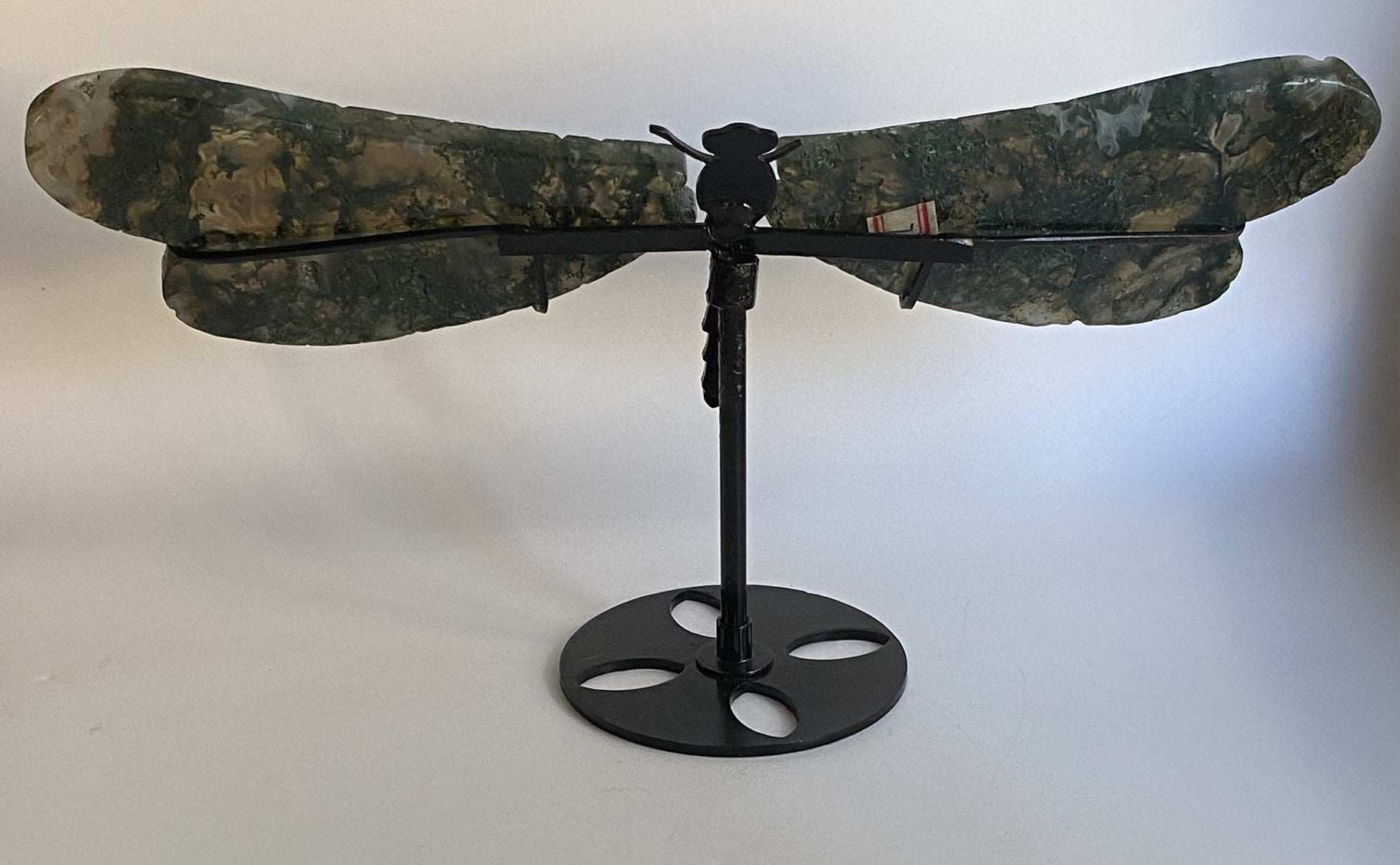 Dragonfly sculpture made of Agat Muschi stone with metal stand