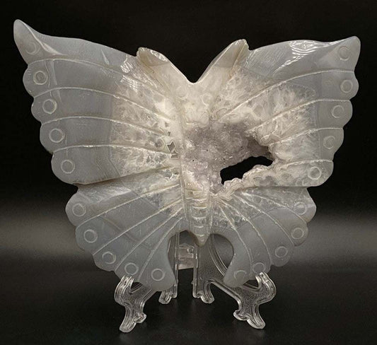 Fluture sculptat din Agat Natural pe suport transparent din plastic