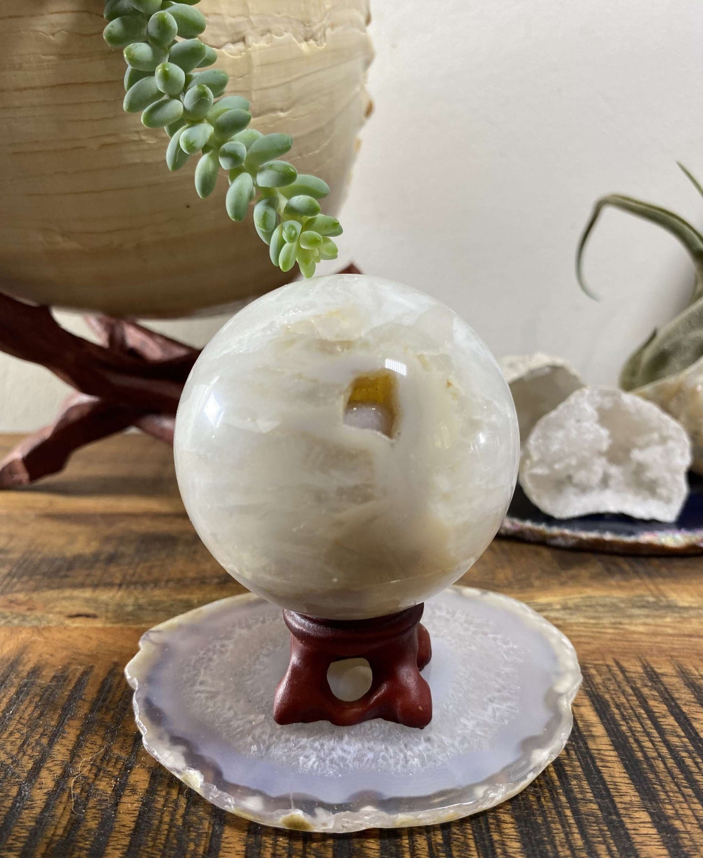 Agat Natural sfera piatra semipretioasa pe suport lemn inclus pe felie agat naturala decorativa