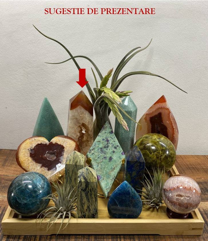 Obelisc din Agat Rosu piatra semipretioasa pe suport cu plante aeriene