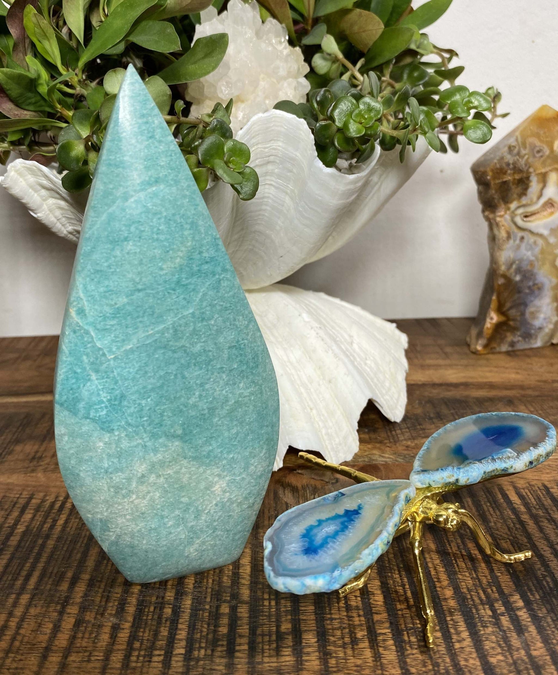 Set pietre semipretioase Amazonit sculptura si libelula Agat Albastru pe suport metalic si lemn