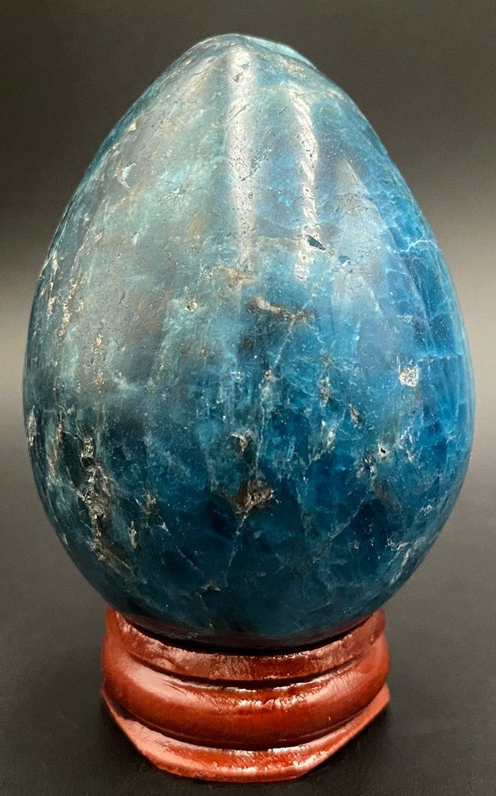 Ou din piatra semipretioasa de apatit pe suport din lemn cu fundal negru