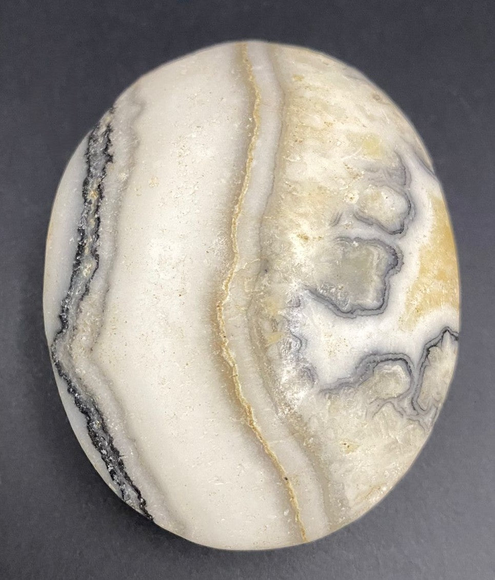 Palm Stone din piatra semipretioasa de calcit dendritic pe fundal negru