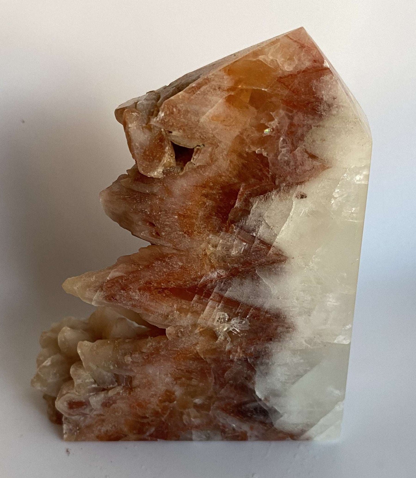 Calcit Wolf Tooth obelisc brut piatra semipretioasa naturala textura maronie alba