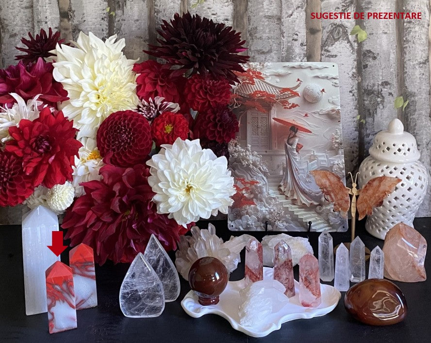 Decor cu obelisc din piatra sintetizata de piatra chicken blood cu vaza cu dalii