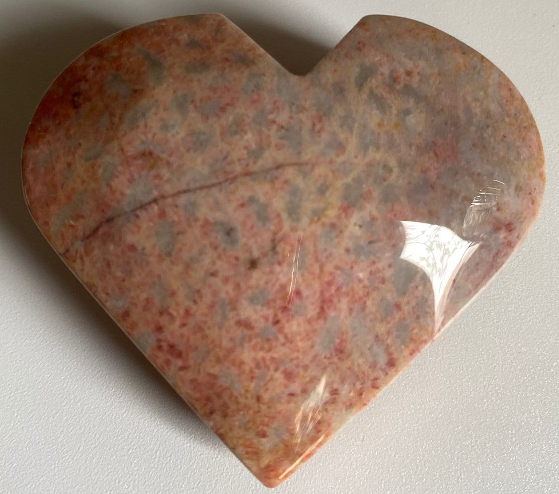 Inima din cristal de coral fosilizat pe fundal alb