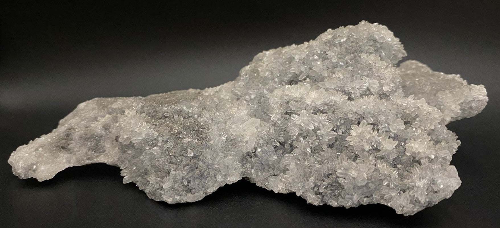Cluster natural de Cuart Crizantema de 20 cm, piatră semiprețioasă albă, textură cristalizată, pe fundal negru.