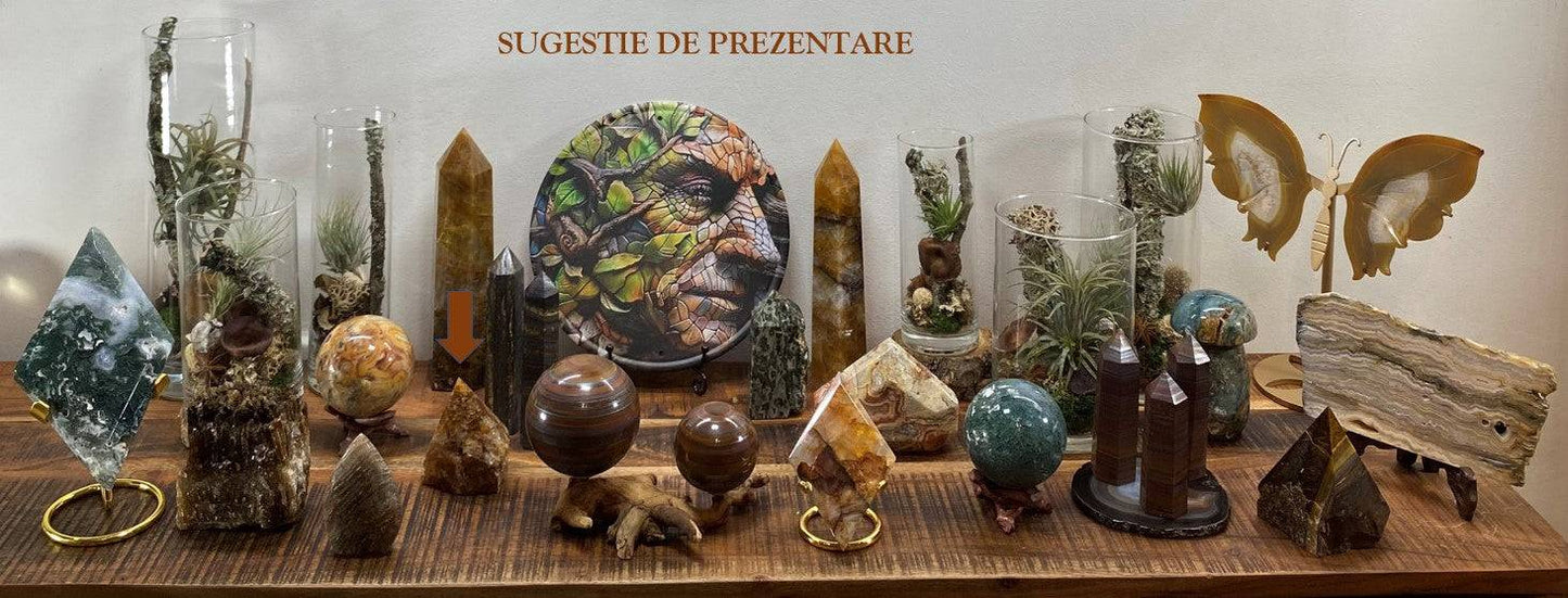 Varf polisat din Cuart Hematoid Galben pe fundal cu cristale si plante decorative