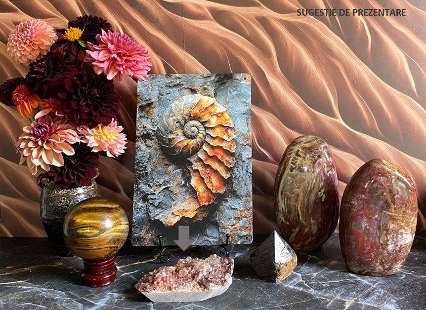 Cluster natural de Cuart Roșu 14.2cm pe masă cu decor floral și schelet amonițiu.