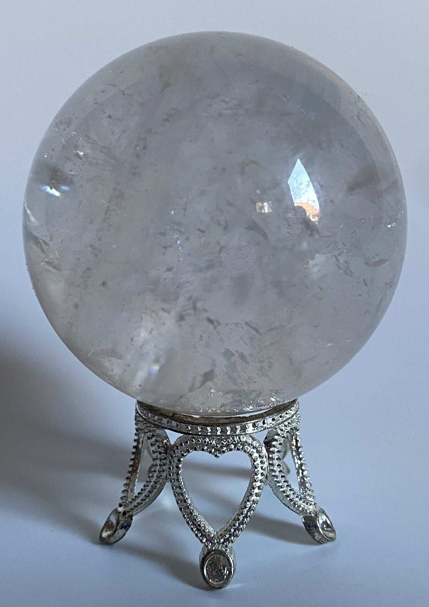 Sferă din cuart transparent de 4.3 cm pe suport metalic decorativ pentru cristale vindecătoare naturale