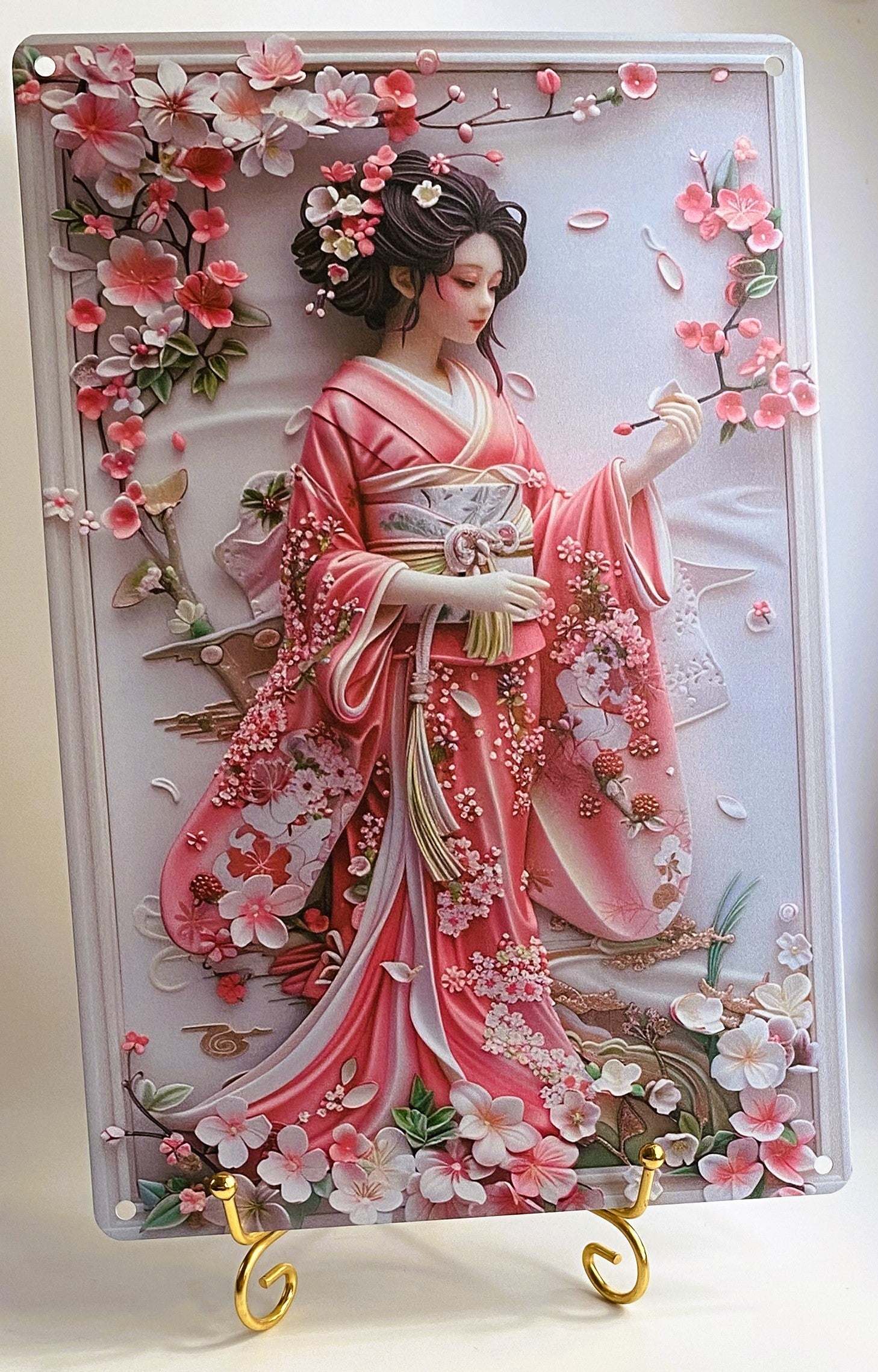 Decoratiune din metal aluminiu cu design flori si femeie in kimono roz, rezistenta UV si apa, pentru perete interior si exterior