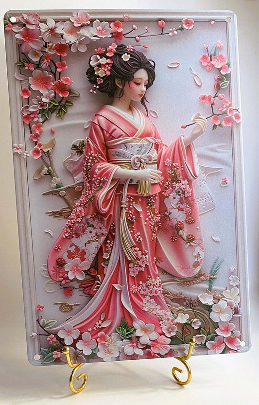Decoratiune din metal aluminiu cu design flori si femeie in kimono roz, rezistenta UV si apa, pentru perete interior si exterior