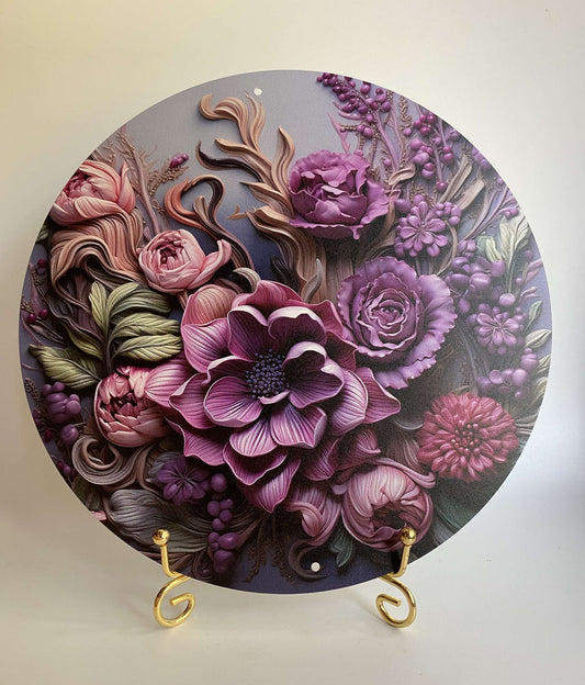 Decoratiune din metal aluminiu imprimat cu design floral mov pe suport metalic, decoratiune 2D rezistenta la UV si apa
