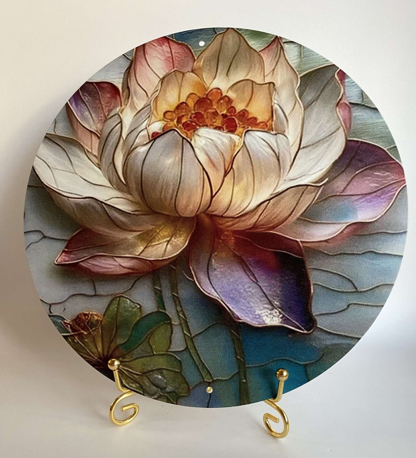 Decoratiune metalica din aluminiu imprimat, floare lotus pe suport metalic, rezistenta la exterior si interior