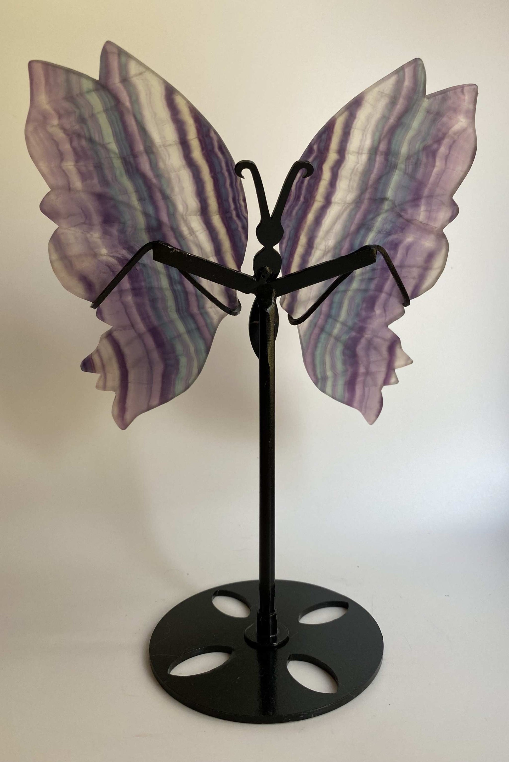 Butterfly sculpture made from Fluorit Candy stone with included metal stand