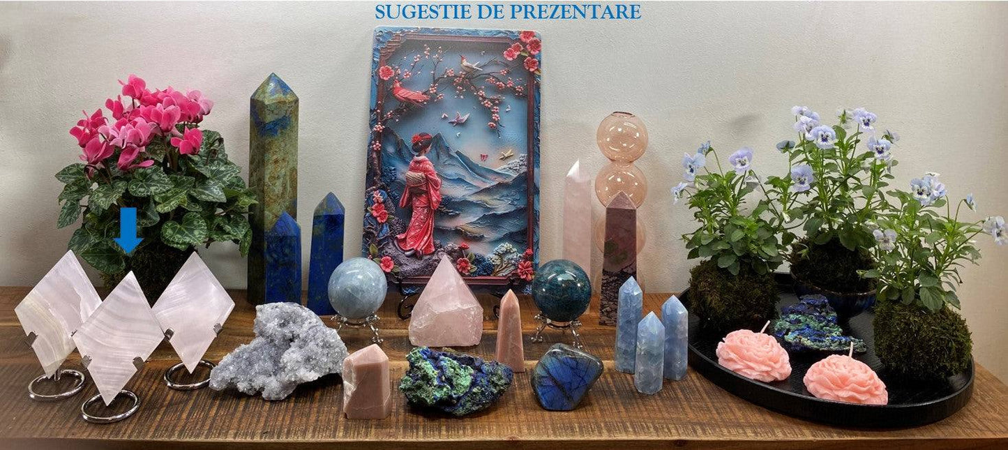 Set romburi pietre semipretioase Jad Roz cu suporturi metalice pe masa de lemn decorata cu plante si cristale diverse