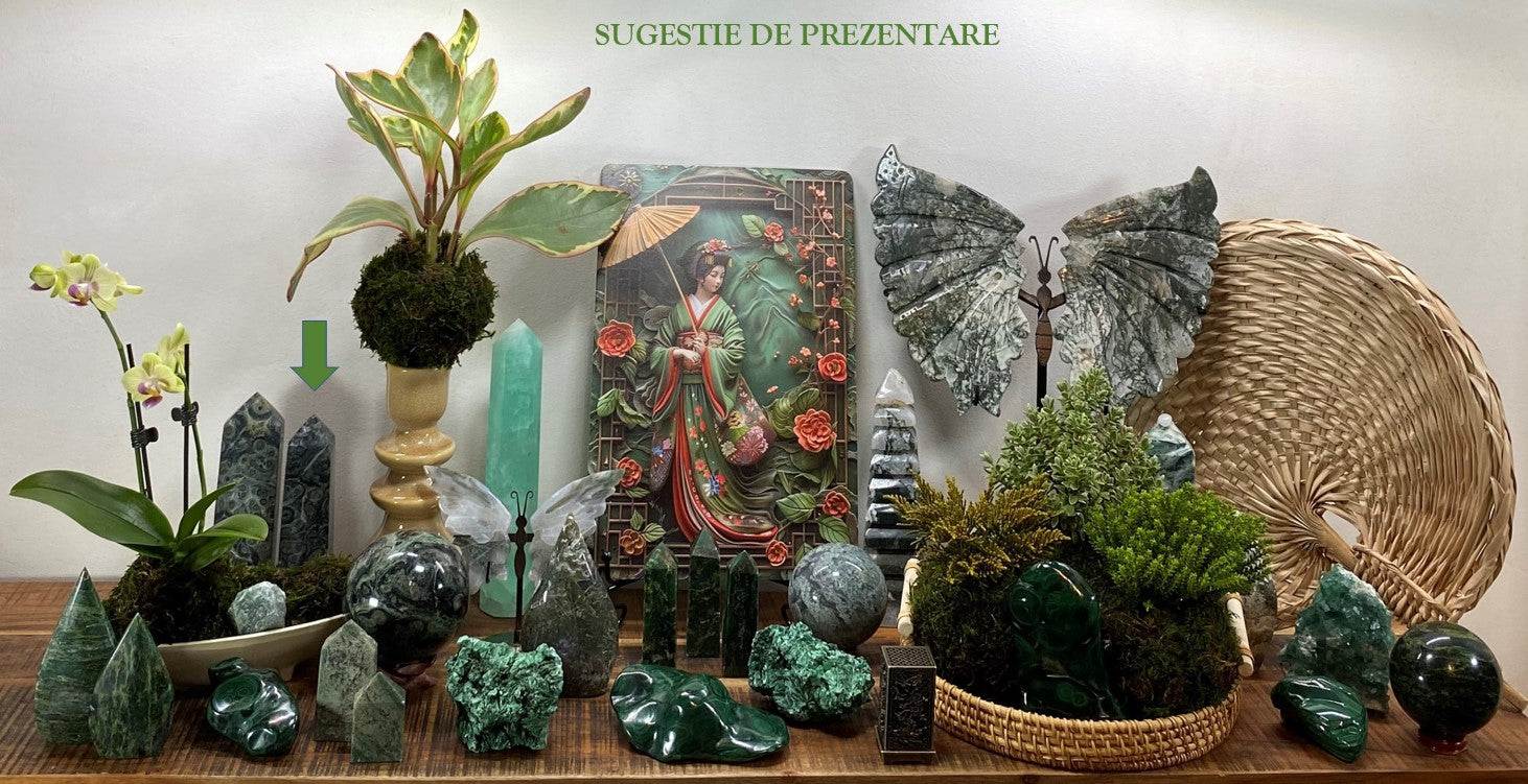 Jasp Kambaba obelisk semiprecious stone decorative display with various green mineral stones and plants