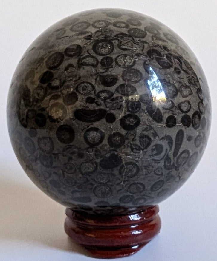 Sfera de 5.8cm din piatra semipretioasa de jasp leopard pe suport din lemn cu fundal alb