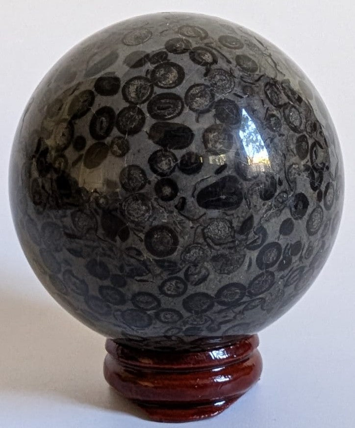 Sfera de 5.8cm din cristal de jasp leopard pe suport din lemn cu fundal alb