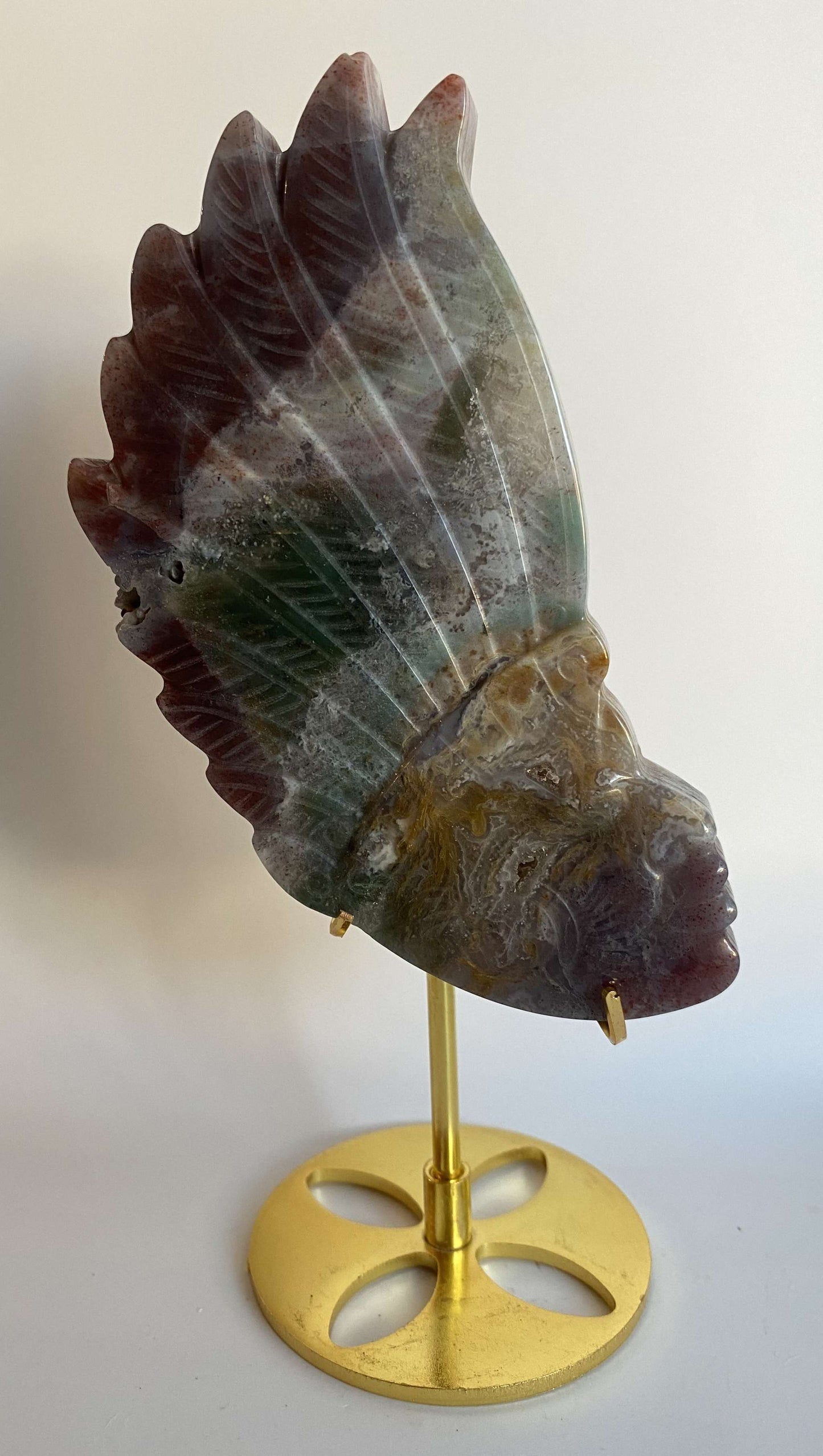 Sculptură indiană din Jasp Oceanic pe suport metalic aurit, piatră semiprețioasă decorativă
