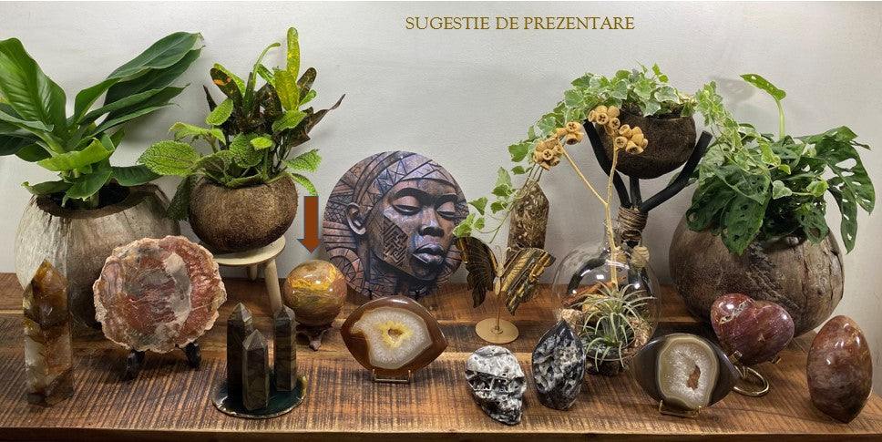 Jasp Oceanic semiprecious stone sphere on wooden stand among decorative plants and crystals on wooden surface