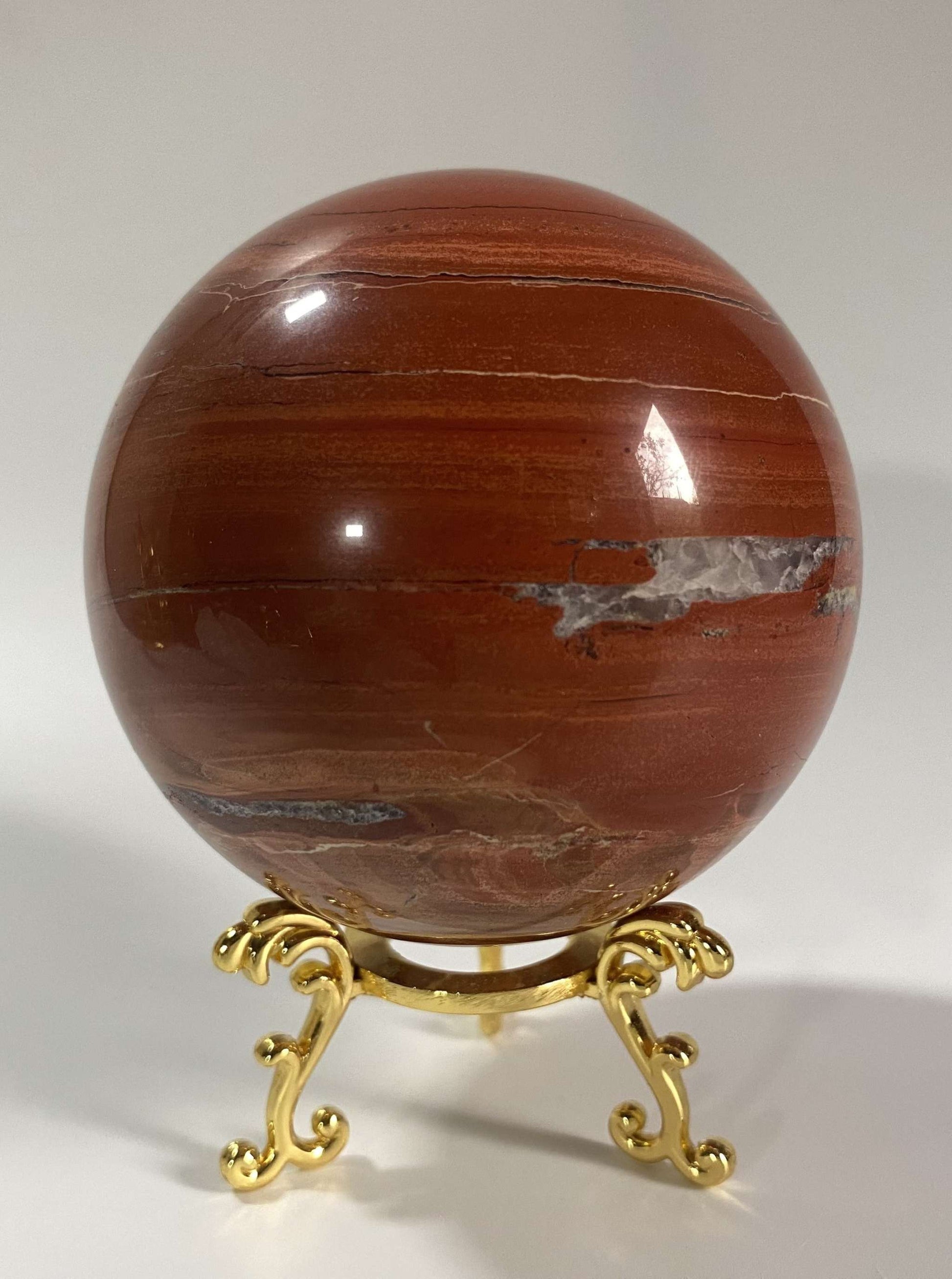 Red Jasper sphere on ornate gold metal stand decorative semi-precious stone Jasp Rosu