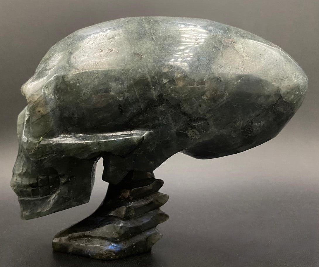 Craniu din cristal de labradorit pe fundal negru