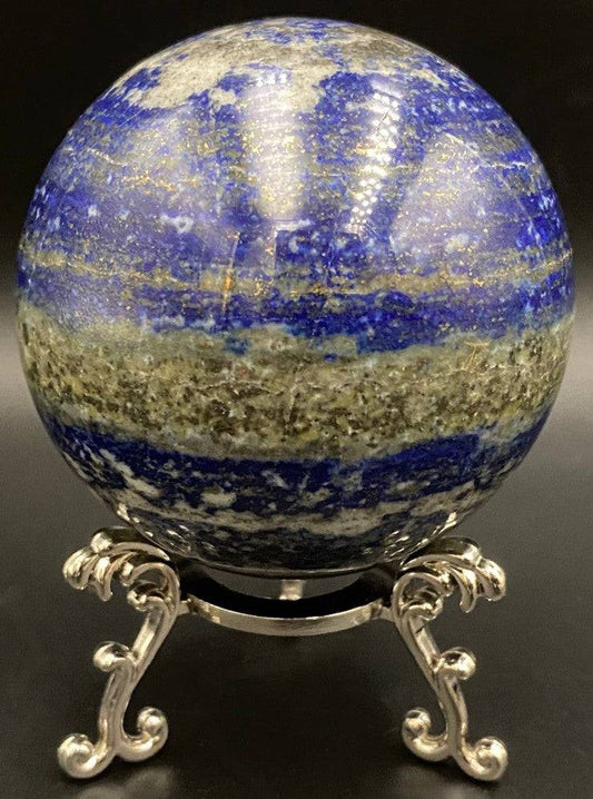 Sferă din Lapis Lazuli natural cu incluziuni aurii pe suport metalic pentru decor și meditație