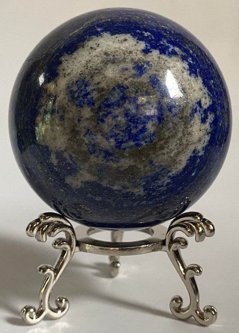 Sfera din Lapis Lazuli natural de 6.3 cm cu suport metalic pentru decor și meditație