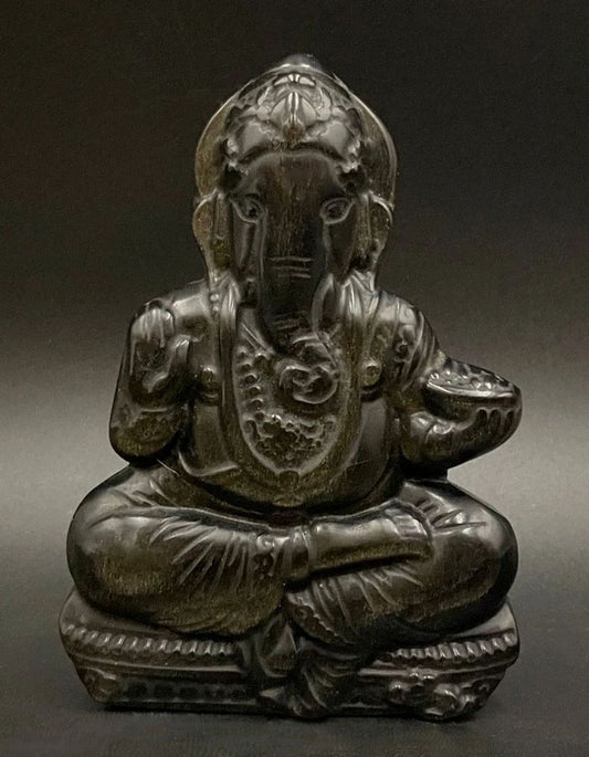 Sculptura Ganesha decoratiune din obsidian auriu pe fundal negru
