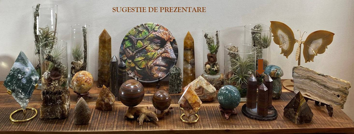 Set trei obeliscuri Ochi de Tigru cu Fier pe suport de lemn, decor natural