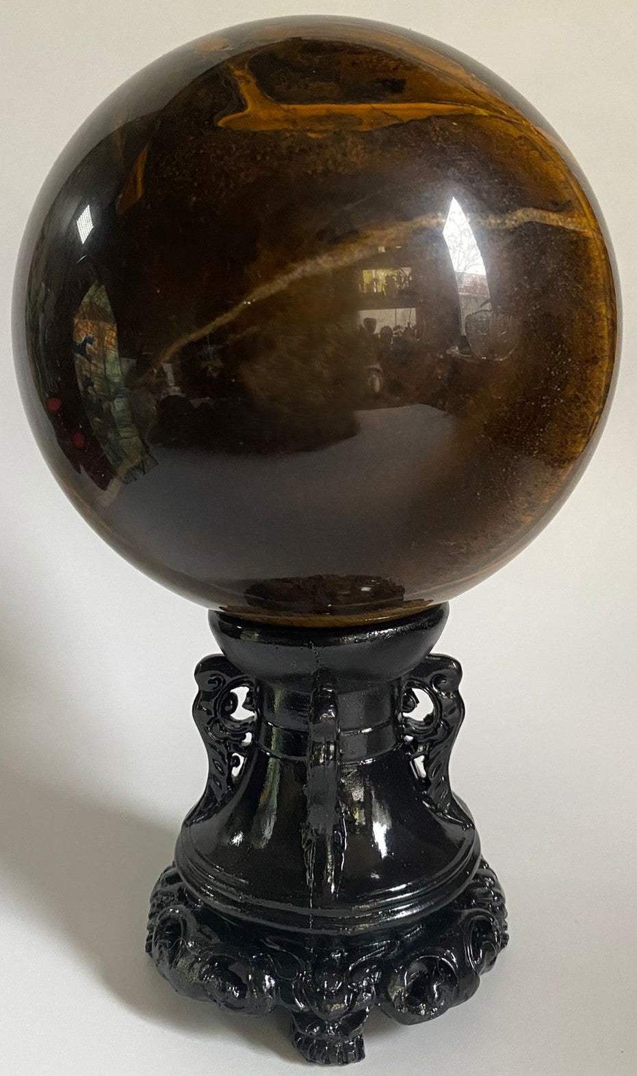Sfera Ochi de Tigru 11cm pe suport negru, piatră semiprețioasă naturală cu fier