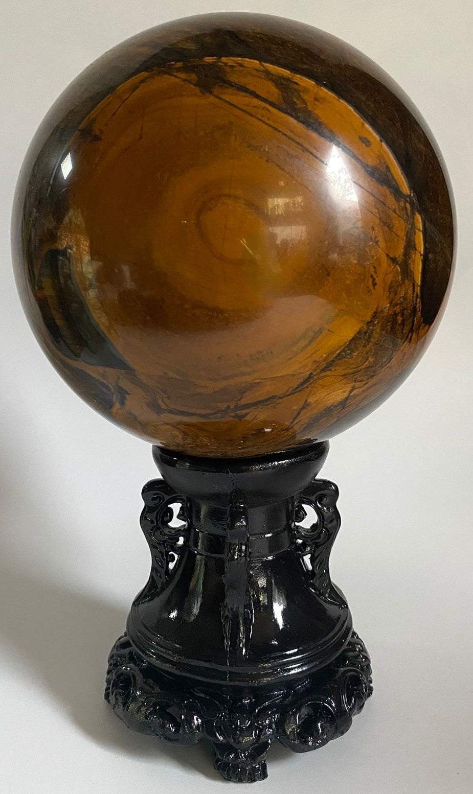 Sfera de Ochi de Tigru 11cm pe suport negru din piatră semiprețioasă naturală cu fier
