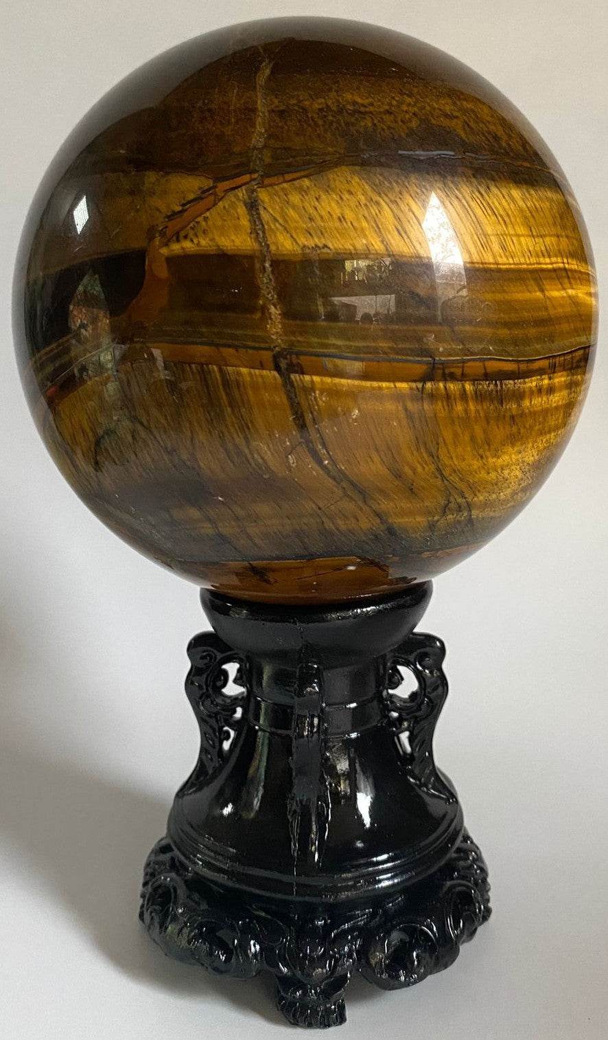 Sfera de 11cm din Ochi de Tigru cu suport negru inclus, piatra semipretioasa naturala