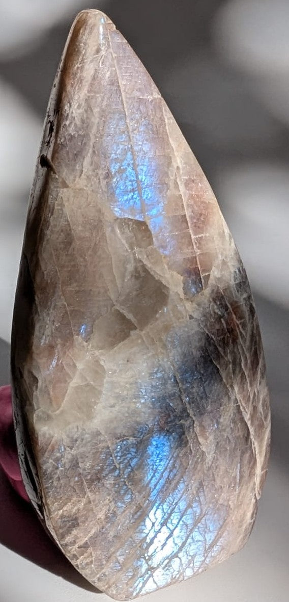 Sculptura de 10.4cm din cristal de piatra lunii albastra pe fundal alb