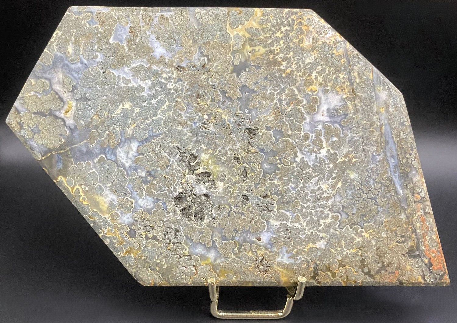 Felie de 17.5 cm Pirita in Agat cu suport metalic, pietre semipretioase naturale