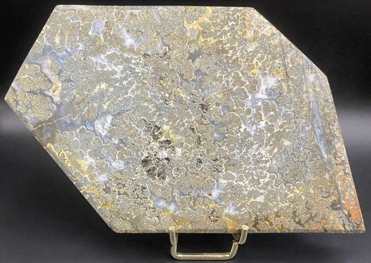 Felie de 17.5 cm Pirita in Agat cu suport metalic, pietre semipretioase naturale